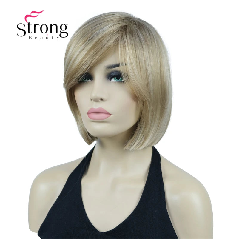 Crown & Glory Wigs Strong Beauty Women's Brown Short Straight Bob Wig with Side Bangs Synthetic Full Hair Wigs Heat Resistant