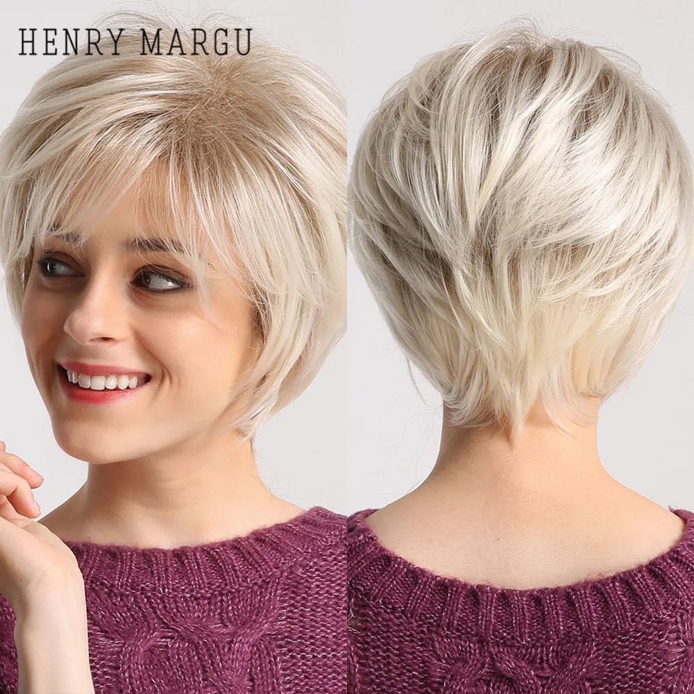 Crown & Glory Wigs HENRY MARGU Dark Root Ombre Brown Blonde Short Hair Wigs Fluffy Pixie Cut Synthetic Wig for Black White Women Heat Resistant