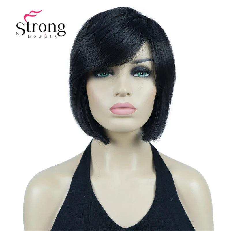 Crown & Glory Wigs Strong Beauty Women's Brown Short Straight Bob Wig with Side Bangs Synthetic Full Hair Wigs Heat Resistant