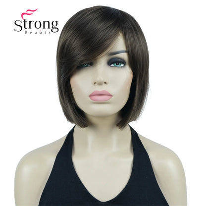 Crown & Glory Wigs Strong Beauty Women's Brown Short Straight Bob Wig with Side Bangs Synthetic Full Hair Wigs Heat Resistant