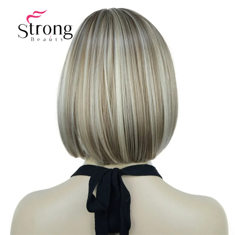 Crown & Glory Wigs Strong Beauty Women's Brown Short Straight Bob Wig with Side Bangs Synthetic Full Hair Wigs Heat Resistant