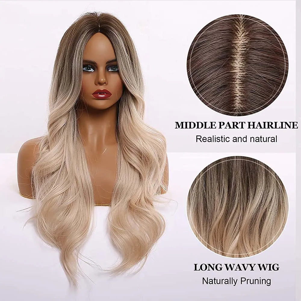 Crown & Glory Wigs EASIHAIR Ombre Brown Light Blonde Platinum Long Wavy Middle Part Hair Wig Cosplay Natural Heat Resistant Synthetic Wig for Women