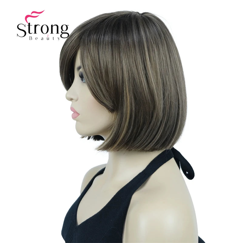 Crown & Glory Wigs Strong Beauty Women's Brown Short Straight Bob Wig with Side Bangs Synthetic Full Hair Wigs Heat Resistant