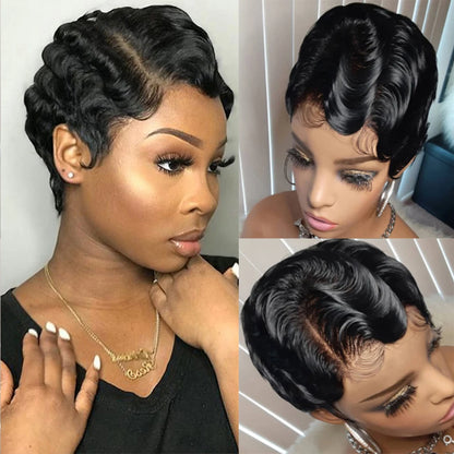 Crown & Glory Wigs  Body Wave Pixie Cut Transparent Lace Front Human Hair Wigs Black Women Brazilian Loose Deep Curly Wave Human Hair Short Bob Wig