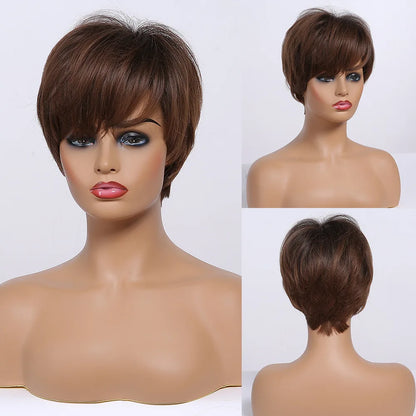 Crown & Glory Wigs EASIHAIR Short Honey Brown Synthetic Wigs for Women Layered Natural Hair Wigs Free Part Short Hair Daily Wig Heat Resistant