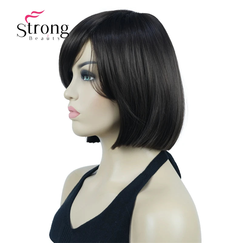 Crown & Glory Wigs Strong Beauty Women's Brown Short Straight Bob Wig with Side Bangs Synthetic Full Hair Wigs Heat Resistant