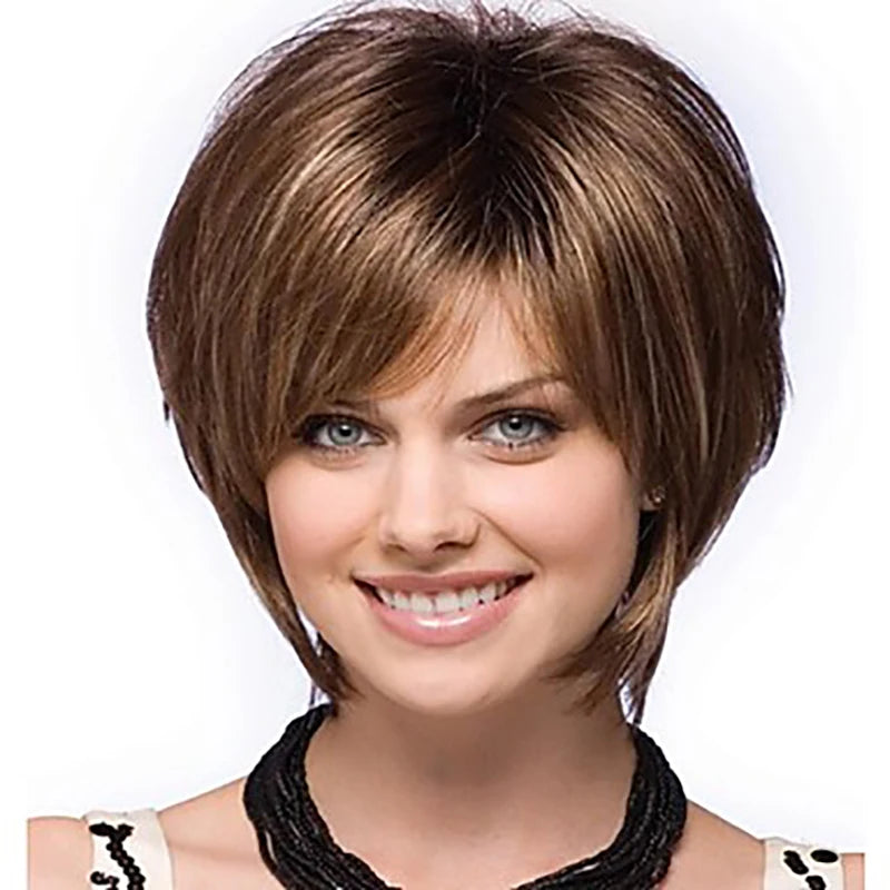 Crown & Glory Wigs  HAIRJOY Women Straight Bangs Style Pixie Cut Synthetic Hair Wig Brown Mixed Short Wigs Machine Made