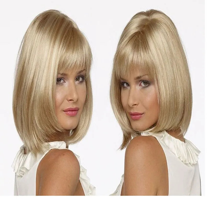 Crown & Glory Wigs HAIRJOY Women Synthetic  Wigs Short Straight Bob Hairstyle Blonde HighLights Hair Wig Heat Resistant Fiber