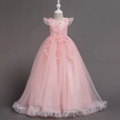 Girl clothing  4-15Yrs Lace Teenagers Kids Girls Wedding Long Dress Elegant Princess Party Pageant Formal Sleeveless  Dress