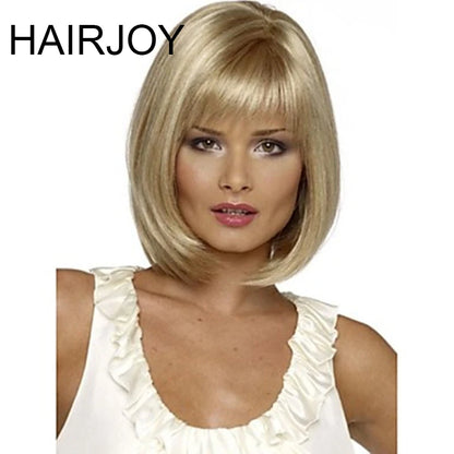 Crown & Glory Wigs HAIRJOY Women Synthetic  Wigs Short Straight Bob Hairstyle Blonde HighLights Hair Wig Heat Resistant Fiber