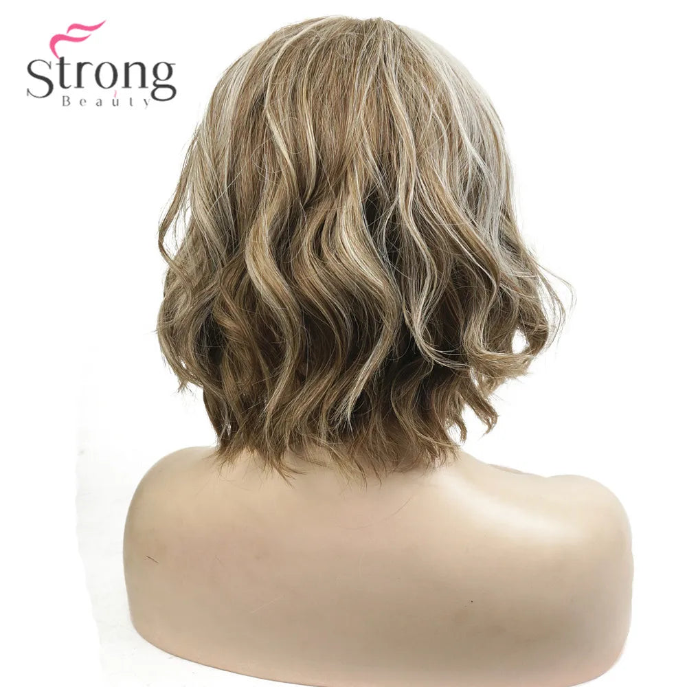 Crown & Glory Wigs   Strong Beauty Women Synthetic Wig Medium Length Curly Light golden Highlighted/Balayage Hair Natural Wigs