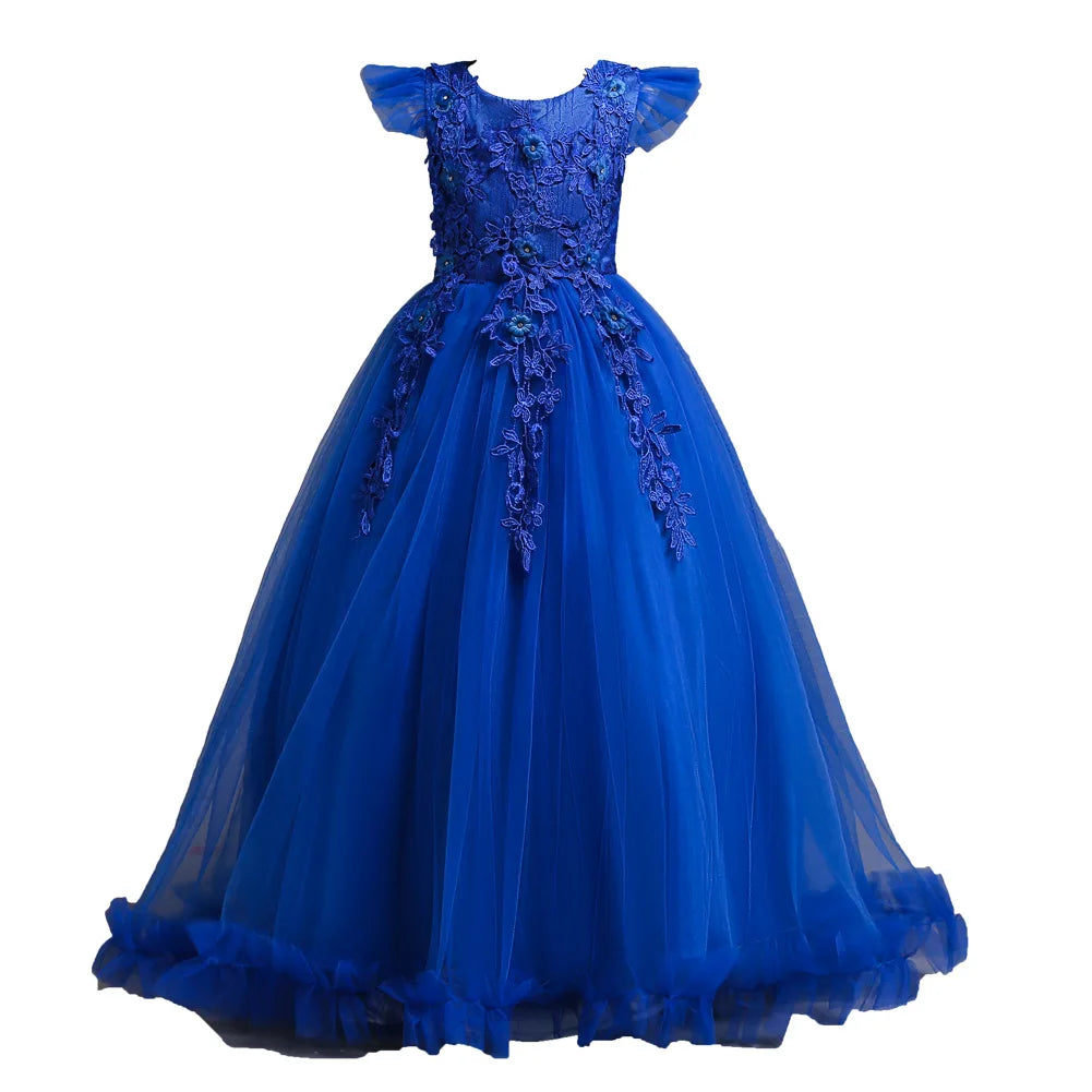 Girl clothing  4-15Yrs Lace Teenagers Kids Girls Wedding Long Dress Elegant Princess Party Pageant Formal Sleeveless  Dress