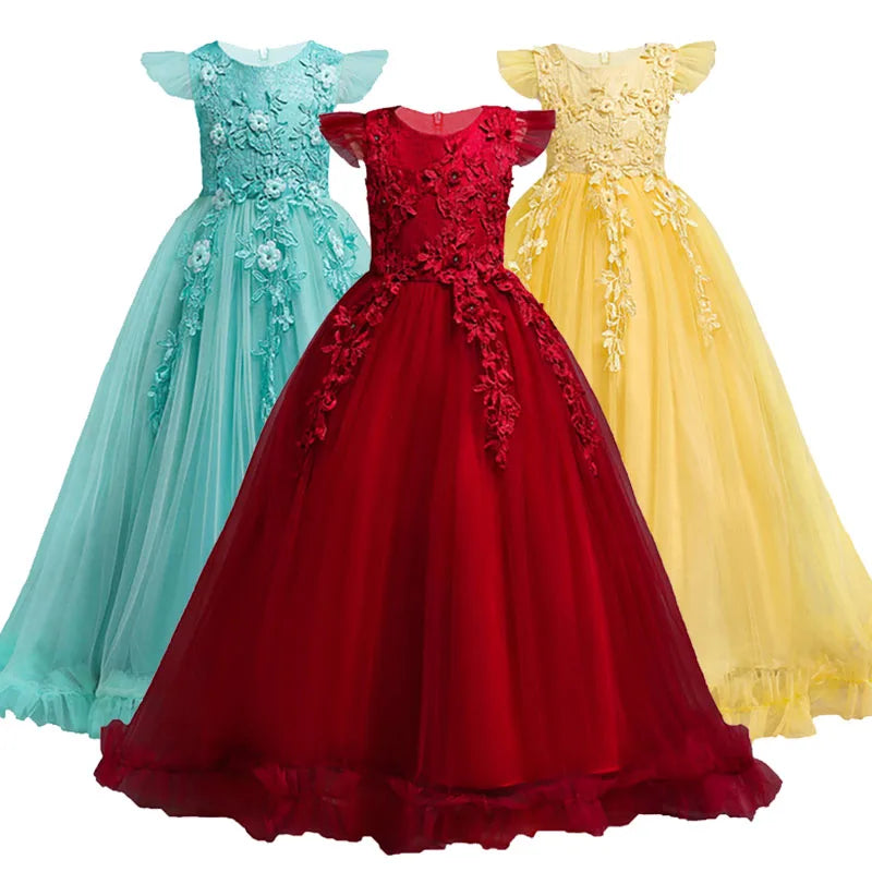 Girl clothing  4-15Yrs Lace Teenagers Kids Girls Wedding Long Dress Elegant Princess Party Pageant Formal Sleeveless  Dress