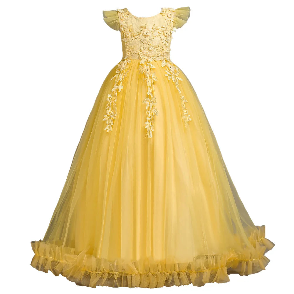 Girl clothing  4-15Yrs Lace Teenagers Kids Girls Wedding Long Dress Elegant Princess Party Pageant Formal Sleeveless  Dress