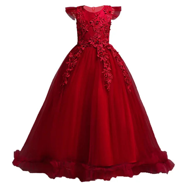 Girl clothing  4-15Yrs Lace Teenagers Kids Girls Wedding Long Dress Elegant Princess Party Pageant Formal Sleeveless  Dress