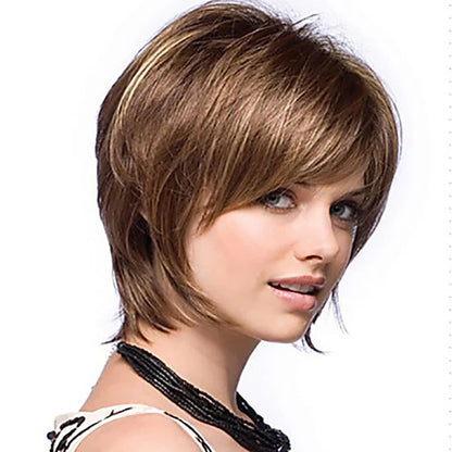 Crown & Glory Wigs  HAIRJOY Women Straight Bangs Style Pixie Cut Synthetic Hair Wig Brown Mixed Short Wigs Machine Made