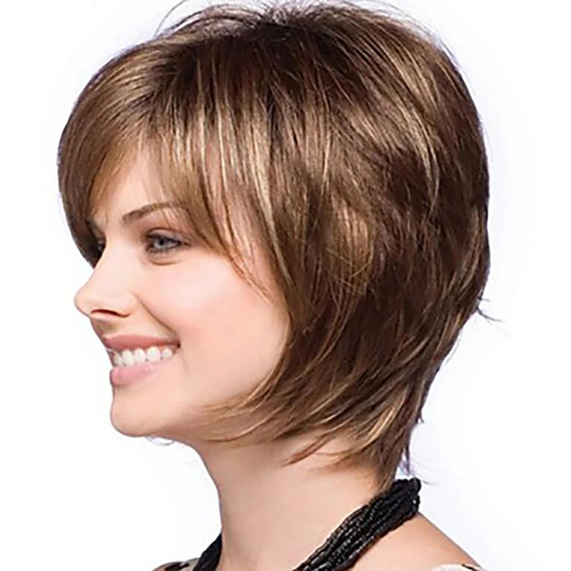 Crown & Glory Wigs  HAIRJOY Women Straight Bangs Style Pixie Cut Synthetic Hair Wig Brown Mixed Short Wigs Machine Made