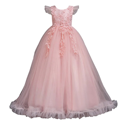 Girl clothing  4-15Yrs Lace Teenagers Kids Girls Wedding Long Dress Elegant Princess Party Pageant Formal Sleeveless  Dress