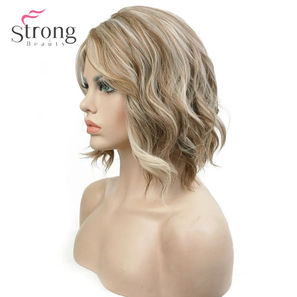 Crown & Glory Wigs   Strong Beauty Women Synthetic Wig Medium Length Curly Light golden Highlighted/Balayage Hair Natural Wigs