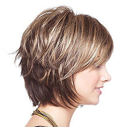 Crown & Glory Wigs  HAIRJOY Women Straight Bangs Style Pixie Cut Synthetic Hair Wig Brown Mixed Short Wigs Machine Made