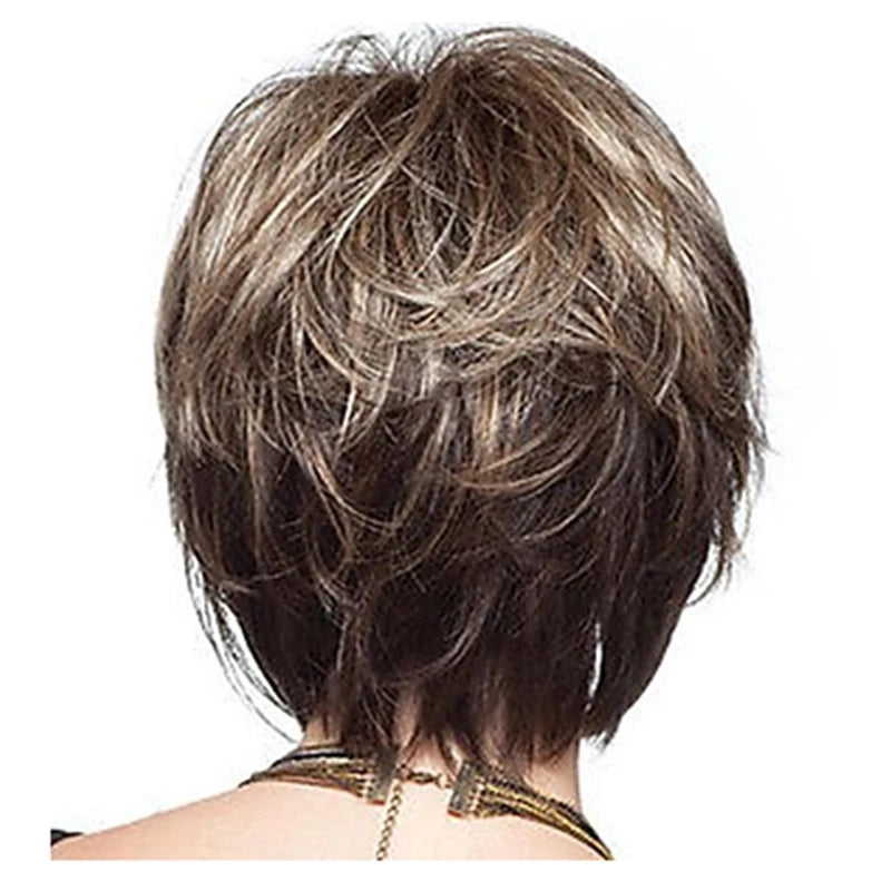 Crown & Glory Wigs  HAIRJOY Women Straight Bangs Style Pixie Cut Synthetic Hair Wig Brown Mixed Short Wigs Machine Made