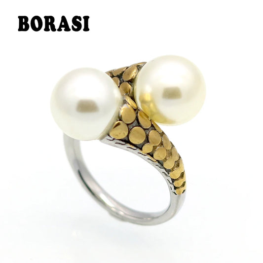 Jewellery  Hot High Quality Stainless Steel Vintage Fashion Double Pearl Ring Gold Color For Women