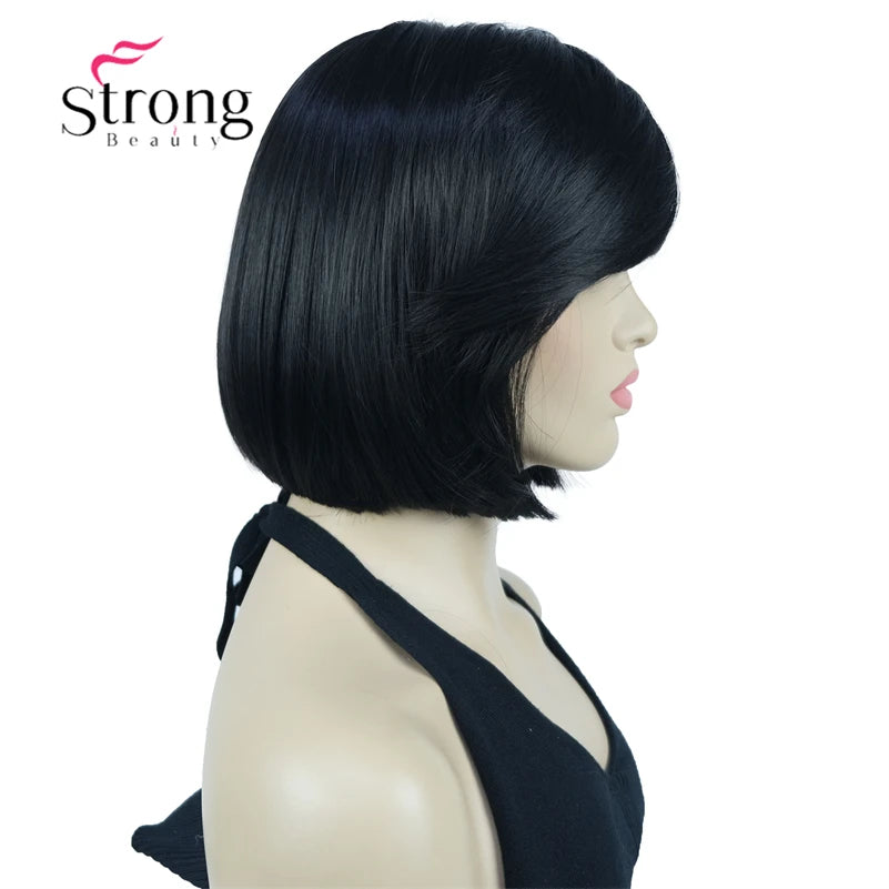 Crown & Glory Wigs Strong Beauty Women's Brown Short Straight Bob Wig with Side Bangs Synthetic Full Hair Wigs Heat Resistant