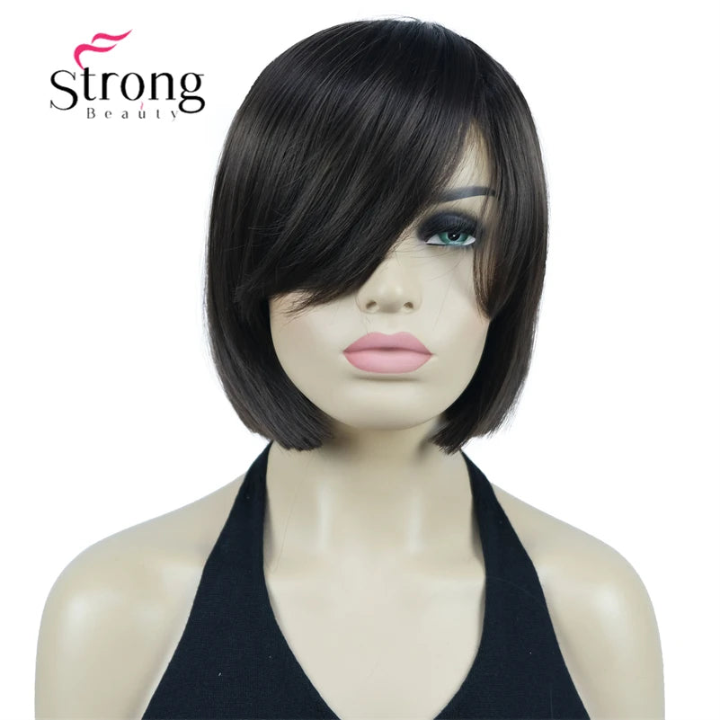 Crown & Glory Wigs Strong Beauty Women's Brown Short Straight Bob Wig with Side Bangs Synthetic Full Hair Wigs Heat Resistant