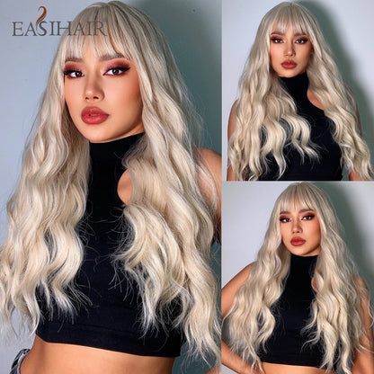 Crown & Glory Wigs EASIHAIR Ombre Brown Light Blonde Platinum Long Wavy Middle Part Hair Wig Cosplay Natural Heat Resistant Synthetic Wig for Women