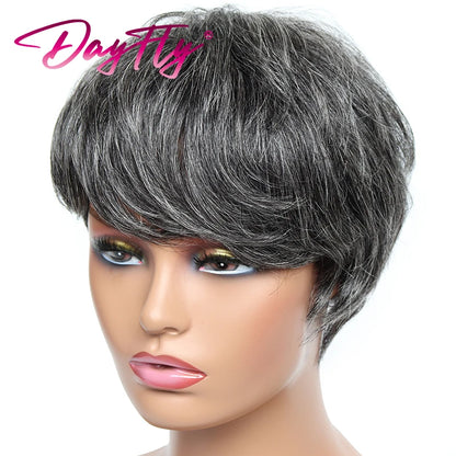 Crown & Glory Wigs Short Grey Wigs Highlight Pixie Cut Wig With Bangs Brazilian Hair Natural Wave Wigs Ombre P1B 30 44 34 Human Hair Wigs For Women