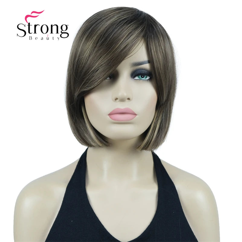 Crown & Glory Wigs Strong Beauty Women's Brown Short Straight Bob Wig with Side Bangs Synthetic Full Hair Wigs Heat Resistant