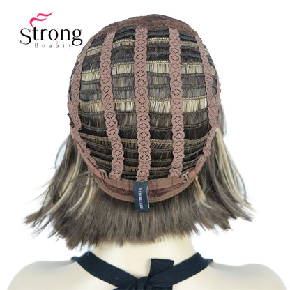 Crown & Glory Wigs Strong Beauty Women's Brown Short Straight Bob Wig with Side Bangs Synthetic Full Hair Wigs Heat Resistant