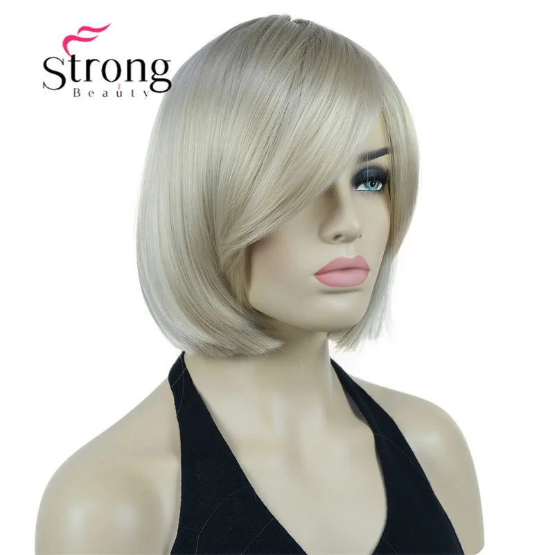 Crown & Glory Wigs Strong Beauty Women's Brown Short Straight Bob Wig with Side Bangs Synthetic Full Hair Wigs Heat Resistant