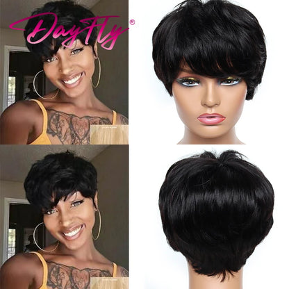 Crown & Glory Wigs Short Grey Wigs Highlight Pixie Cut Wig With Bangs Brazilian Hair Natural Wave Wigs Ombre P1B 30 44 34 Human Hair Wigs For Women