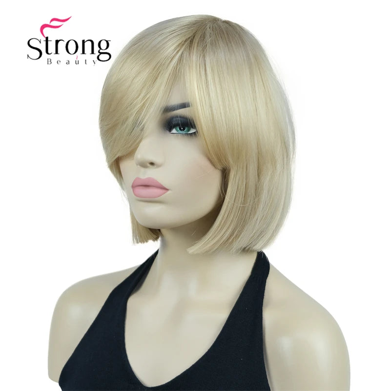 Crown & Glory Wigs Strong Beauty Women's Brown Short Straight Bob Wig with Side Bangs Synthetic Full Hair Wigs Heat Resistant