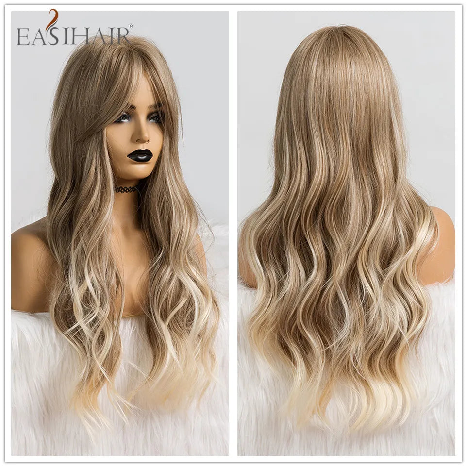 Crown & Glory Wigs EASIHAIR Ombre Brown Light Blonde Platinum Long Wavy Middle Part Hair Wig Cosplay Natural Heat Resistant Synthetic Wig for Women