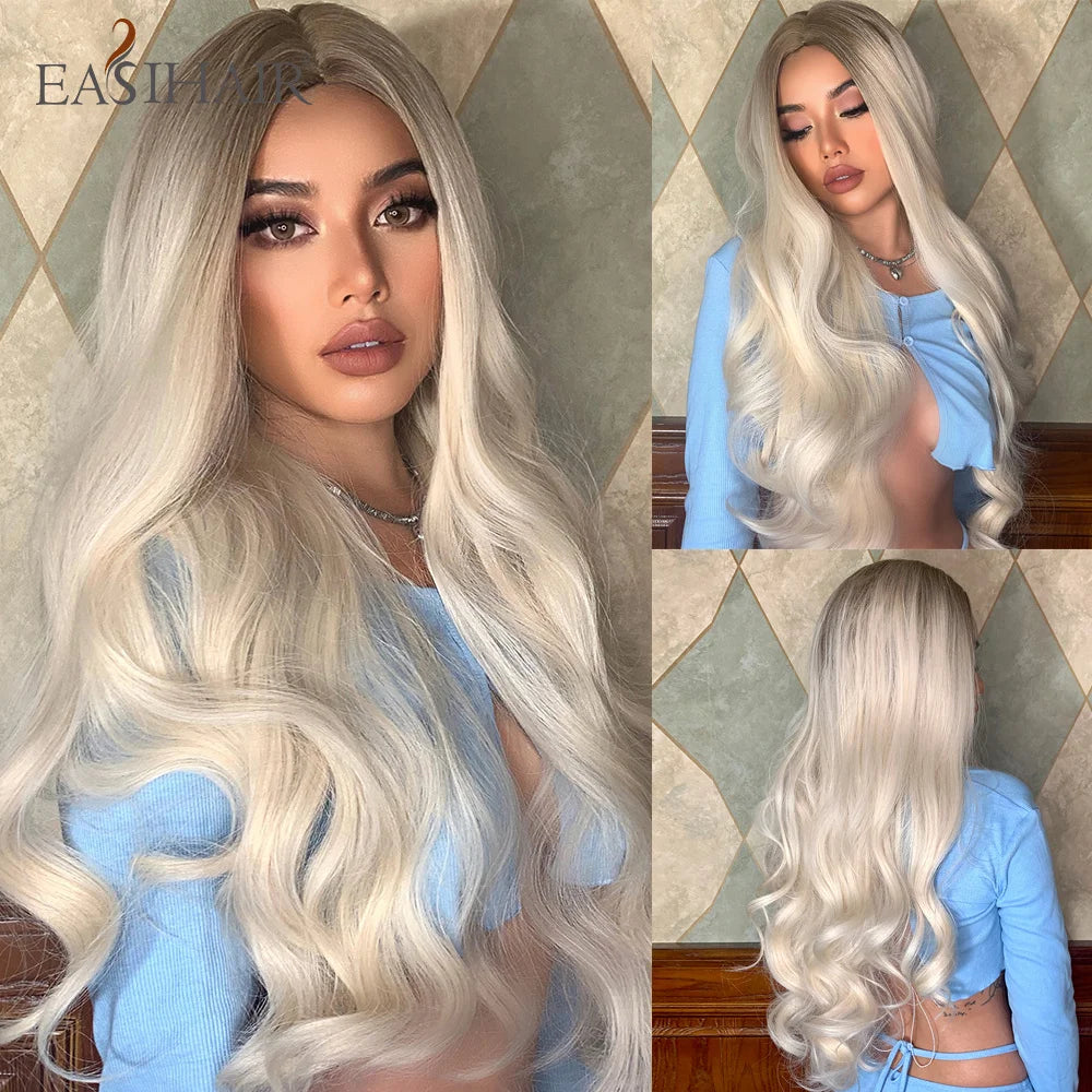 Crown & Glory Wigs EASIHAIR Ombre Brown Light Blonde Platinum Long Wavy Middle Part Hair Wig Cosplay Natural Heat Resistant Synthetic Wig for Women