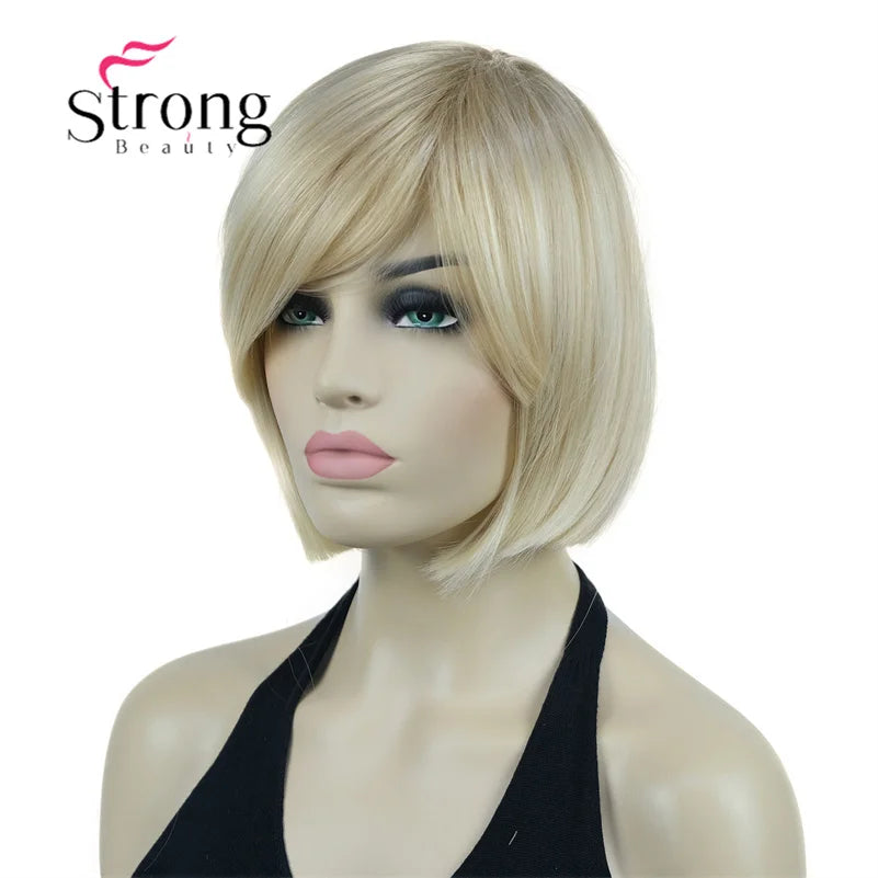 Crown & Glory Wigs Strong Beauty Women's Brown Short Straight Bob Wig with Side Bangs Synthetic Full Hair Wigs Heat Resistant