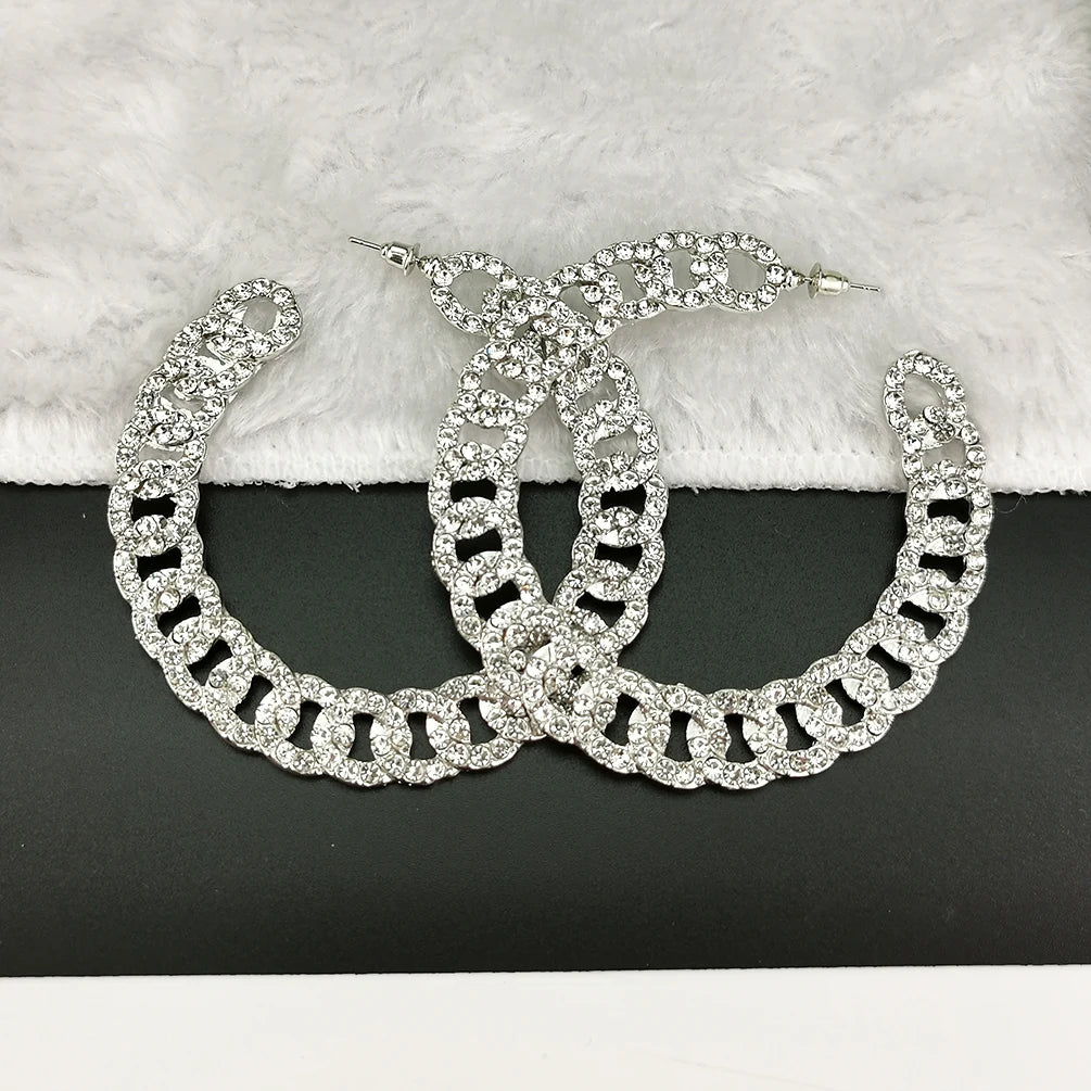 Jewellery   MANILAI 75mm Crystal Rhinestones Big Hoop Earrings For Women Chunky Chain Design Statement Round Alloy Earings Fashion Jewelry