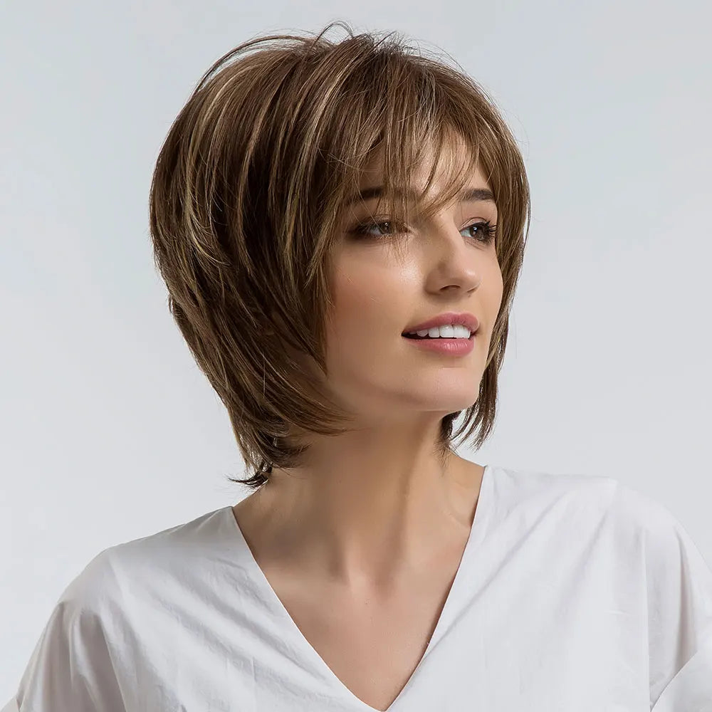 Crown & Glory Wigs EASIHAIR Short Honey Brown Synthetic Wigs for Women Layered Natural Hair Wigs Free Part Short Hair Daily Wig Heat Resistant