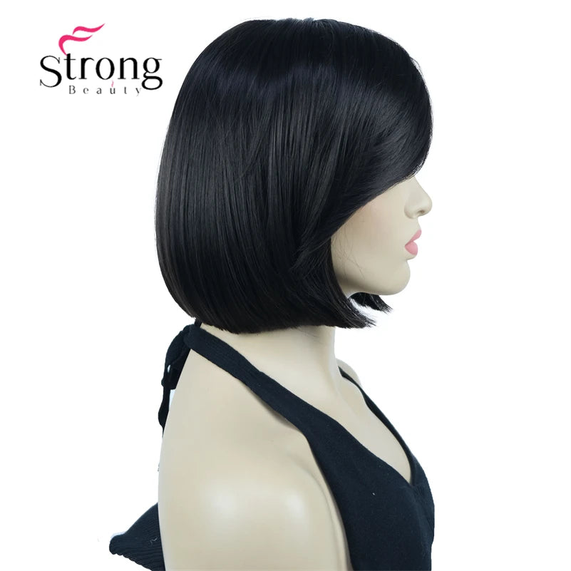 Crown & Glory Wigs Strong Beauty Women's Brown Short Straight Bob Wig with Side Bangs Synthetic Full Hair Wigs Heat Resistant