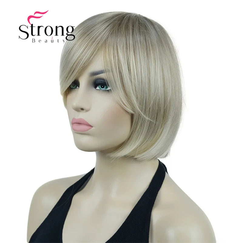 Crown & Glory Wigs Strong Beauty Women's Brown Short Straight Bob Wig with Side Bangs Synthetic Full Hair Wigs Heat Resistant