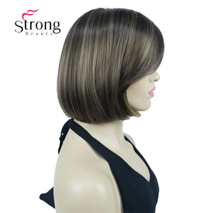 Crown & Glory Wigs Strong Beauty Women's Brown Short Straight Bob Wig with Side Bangs Synthetic Full Hair Wigs Heat Resistant