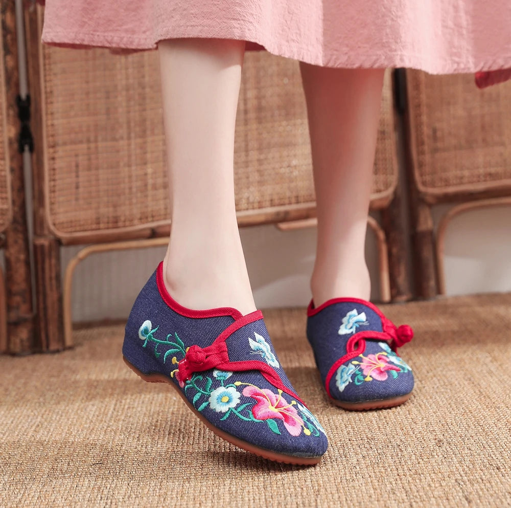 Woman shoes Veowalk Morning Glory Flower Embroidered Women's Canvas Ballet Flats Ladies Casual Comfort Denim Cotton Embroidery Shoes