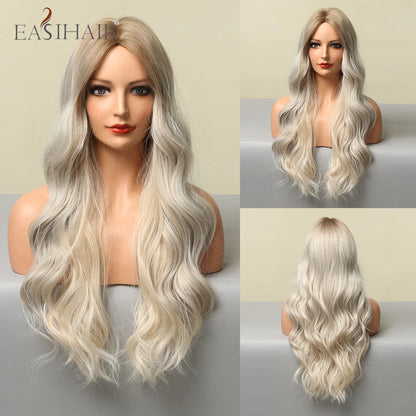 Crown & Glory Wigs EASIHAIR Ombre Brown Light Blonde Platinum Long Wavy Middle Part Hair Wig Cosplay Natural Heat Resistant Synthetic Wig for Women