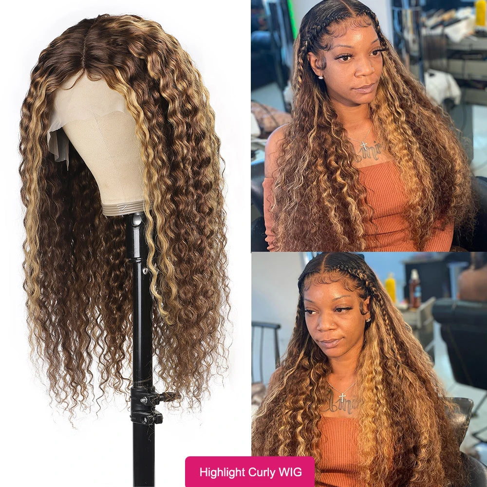 Crown & Glory Wigs   I show Kinky Curly Highlight Wig Human Hair Transparent 13x4 Lace Front Human Hair Wigs Pre Plucked P4 27 Colored Wig