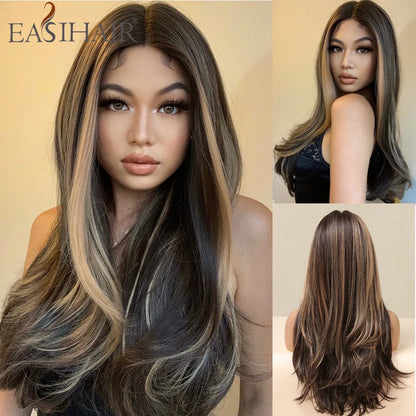 Crown & Glory Wigs EASIHAIR Ombre Brown Light Blonde Platinum Long Wavy Middle Part Hair Wig Cosplay Natural Heat Resistant Synthetic Wig for Women