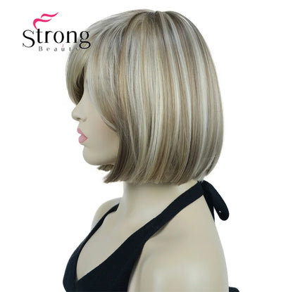 Crown & Glory Wigs Strong Beauty Women's Brown Short Straight Bob Wig with Side Bangs Synthetic Full Hair Wigs Heat Resistant