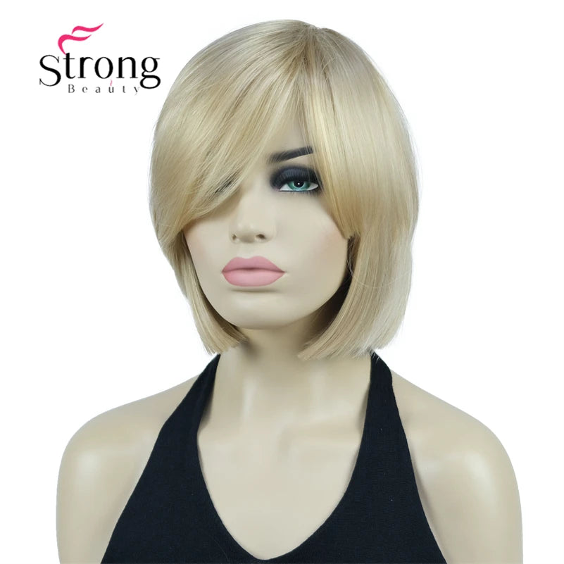 Crown & Glory Wigs Strong Beauty Women's Brown Short Straight Bob Wig with Side Bangs Synthetic Full Hair Wigs Heat Resistant