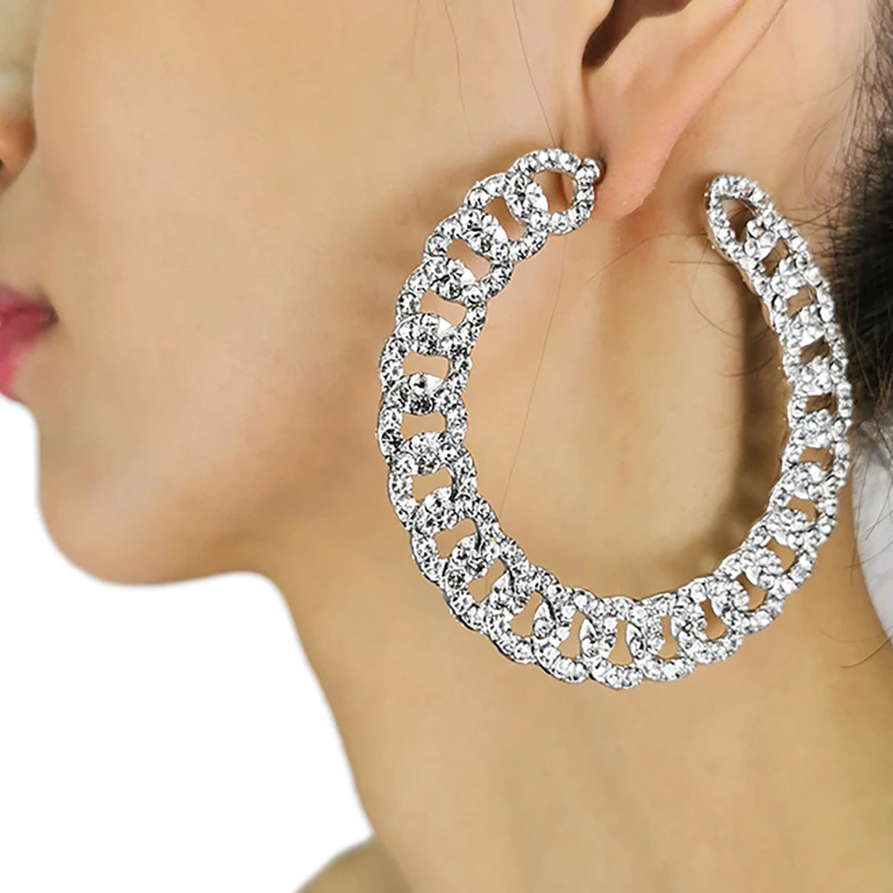 Jewellery   MANILAI 75mm Crystal Rhinestones Big Hoop Earrings For Women Chunky Chain Design Statement Round Alloy Earings Fashion Jewelry